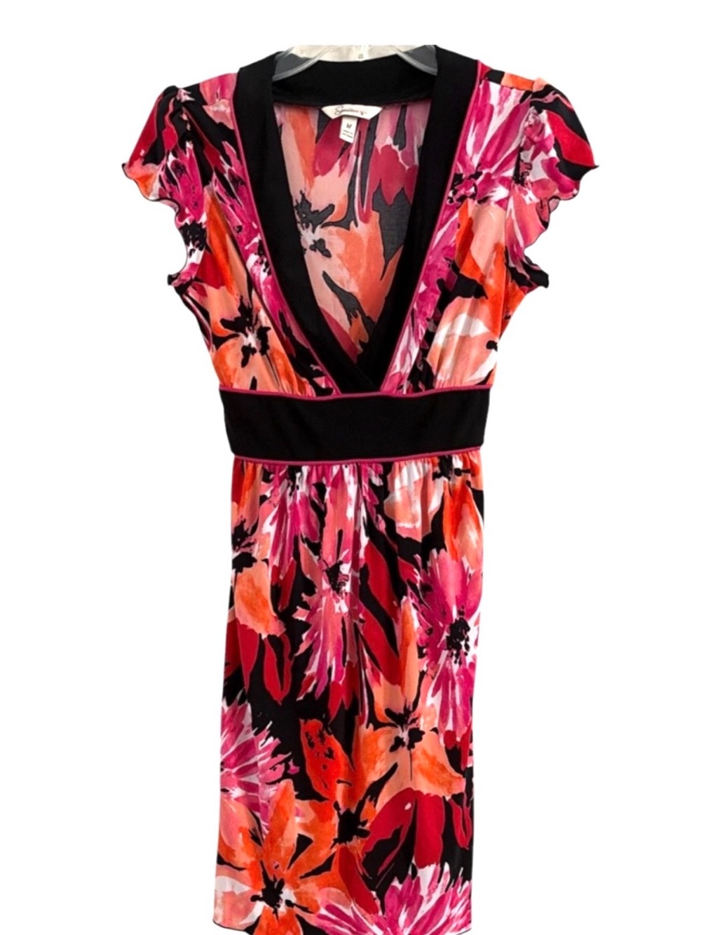 Speechless Tropical Floral Plunging V-Neck Empire Waist Tie Back Mini Dress M